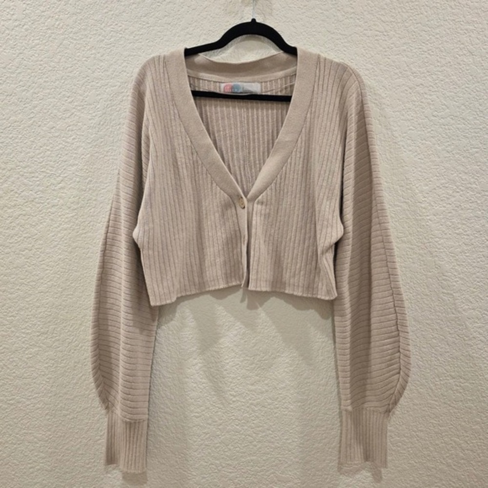 Free People FP Beach Ribbed Cropped Cardigan Sweater Beige Large Balloon Sleeve - Picture 1 of 12